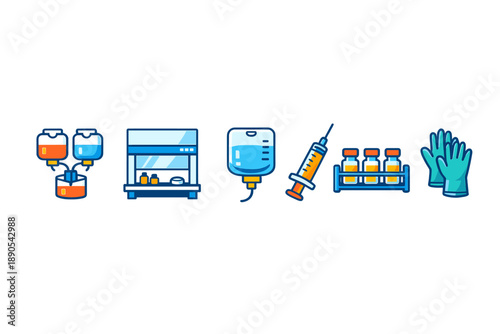 Medical supplies and equipment include iv bags, lab setup, syringes, and gloves in a hospital setting