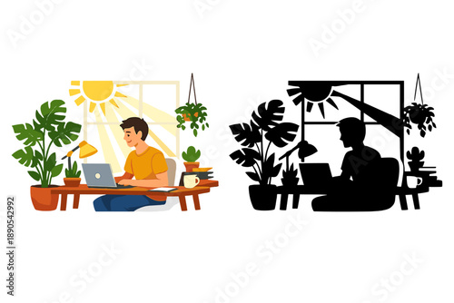 Working during the day in a room filled with plants, a person sits at a desk using a laptop next to a bright window with sunlight shining inside