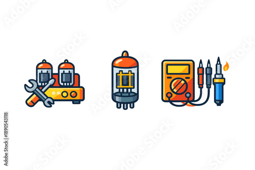 Tools for electronics work including a device, vacuum tube, and multimeter on a clean background in a workshop setup