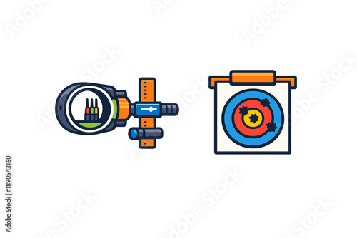 Target and scope graphics showing shooting sport tools and practice area designed for archery or shooting activities