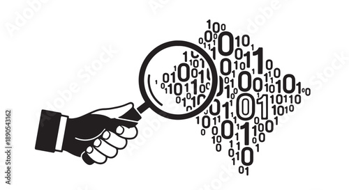 Hand holding magnifying glass examining binary code numbers in a digital data cloud