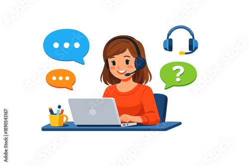 Person works at a desk with a laptop, wearing a headset and smiling while looking at chat bubbles during an online support session