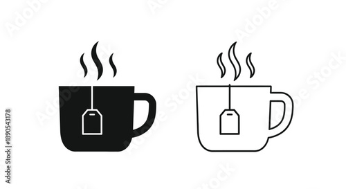 Two coffee cups with teabags one filled and one outline silhouette