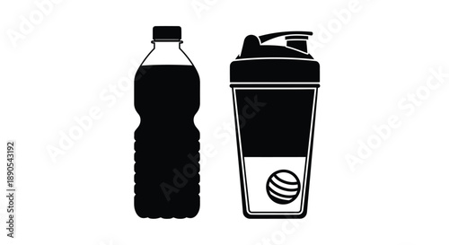 Black silhouettes of a water bottle and protein shaker silhouette