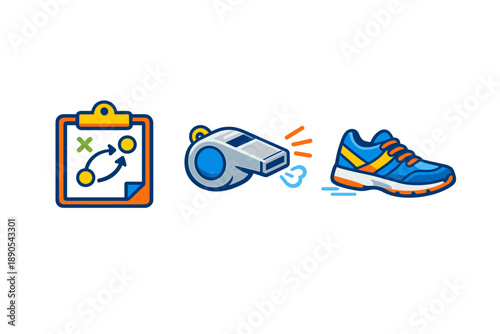 Coaches plan strategies with clipboards and whistles while athletes use shoes to train and compete at various sporting events