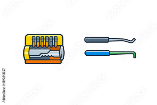 Lock picking tools and lock mechanism shown together to illustrate the process of unlocking with specialized equipment