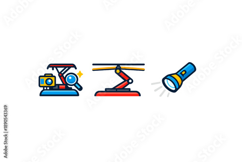 Various tools including a camera, a light source, and a mechanical arm are shown in a graphic design setting that highlights technology and equipment