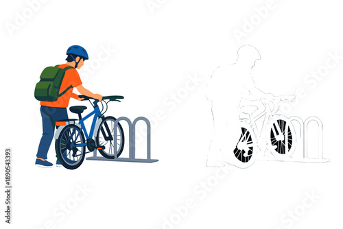 Person parks bike at a rack in a busy city area during the afternoon while wearing a helmet and carrying a backpack