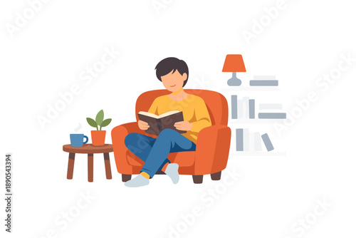 Person reading a book while sitting on a chair with a mug on a table and a plant nearby in a living room with a lamp and bookshelf