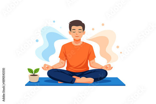 Practicing meditation in a quiet space with a small plant and yoga mat in the afternoon