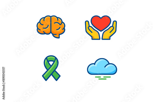 Symbols of mental health awareness with brain, heart, hands, ribbon, and cloud representing support and care for mental wellbeing in modern society