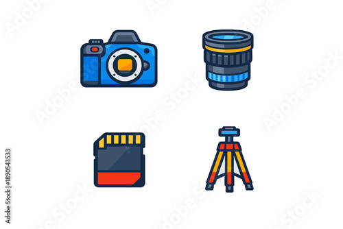 Equipment used for photography including a camera, lens, memory card, and tripod set up for taking pictures in a studio or outdoor space