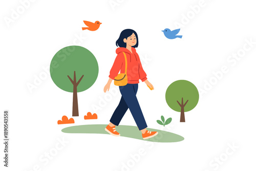 Person walks outdoors in a park with trees and birds around during a sunny day while smiling and enjoying the fresh air and nature