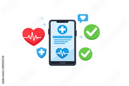 Smartphone displays health tracking features with heart icons and check marks on a simple background in a digital format