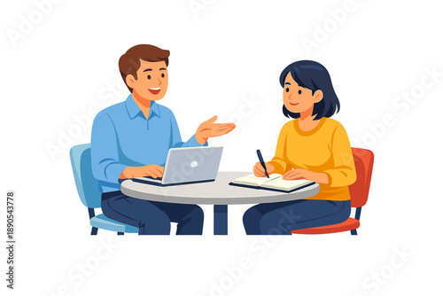 Two people having a discussion at a round table with a laptop and notebook in a casual setting during daytime