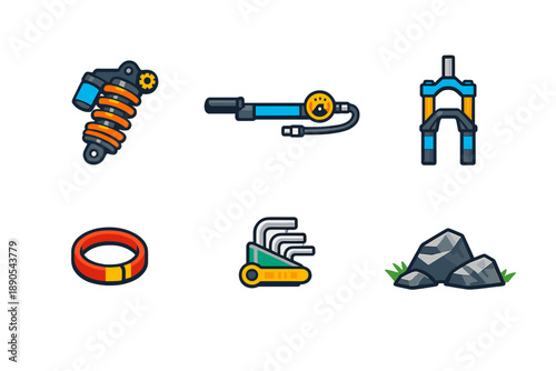 Colorful bike parts displayed on a simple background showing suspension, tools, and accessories for cycling and maintenance at a workshop setting