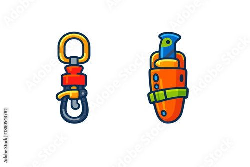 Different types of safety gear shown for climbing and outdoor activities, with a focus on a carabiner and a knife sheath