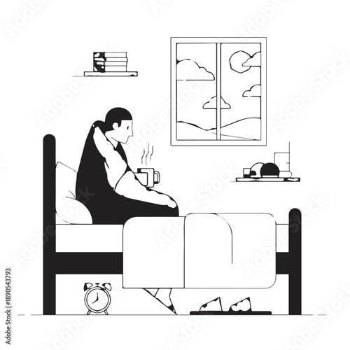 Quiet Morning Scene of a Woman Relaxing in Bed with a Cup of Tea or Coffee.