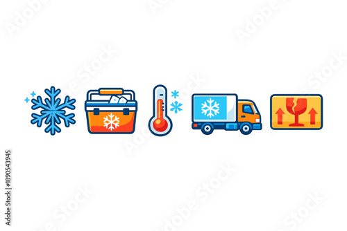 Cold supply chain elements show snowflake, cooler, thermometer, delivery truck, and fragile sign used for transporting temperature-sensitive items