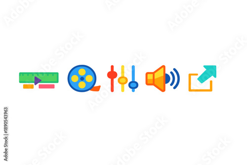 Icons representing video editing tools and audio settings for content creation on digital platforms in a colorful design