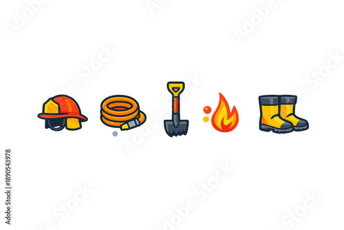 Firefighter tools and equipment are shown. Items include a helmet, a hose, a shovel, a flame, and boots. These are essential for fire safety and emergency response situations