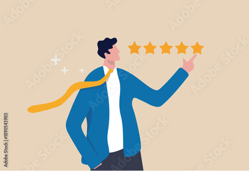 Customer feedback 5 stars rating, best quality, excellence high performance evaluation, positive ranking or business reputation and satisfaction concept, confidence businessman giving 5 stars rating