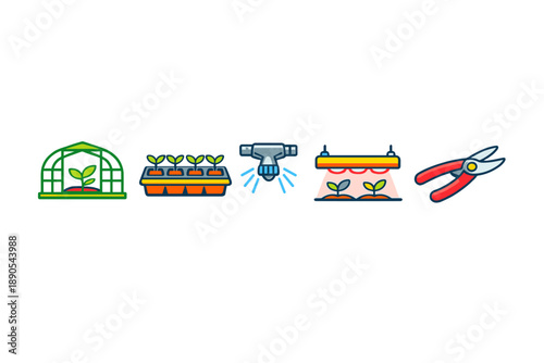 Gardening activities including planting, watering, growing, and harvesting taking place in a greenhouse during daytime hours