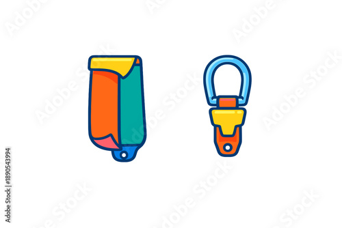 Colorful climbing gear shown side by side with a carabiner and a chalk bag for rock climbing displayed on a simple background