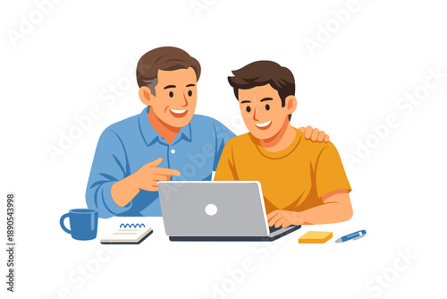 Man teaches boy how to use laptop while they sit together at a table with a cup of coffee and notepad