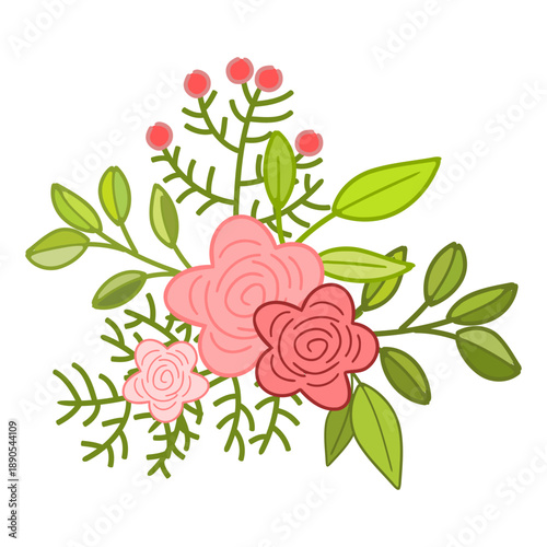 Bunch of beautiful blooming peony flowers hand drawn on white background.
