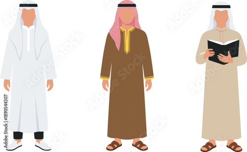 Stylized illustration of three figures in traditional Middle Eastern thobes and head coverings for cultural, educational, and identity-themed design projects