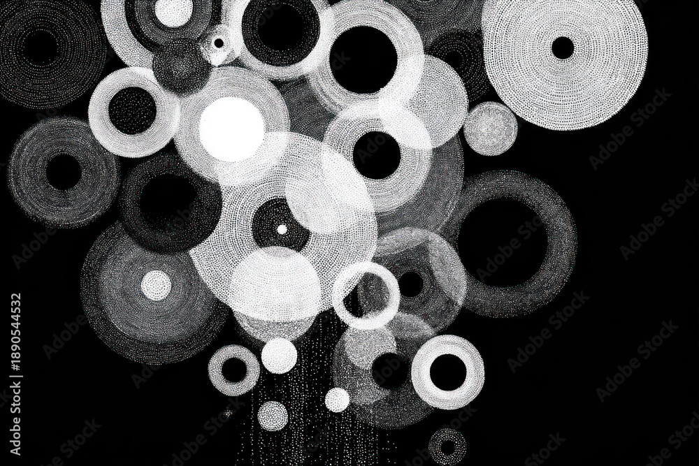 Fototapeta premium An abstract composition of multiple concentric circles and dotted textures on a black background. 