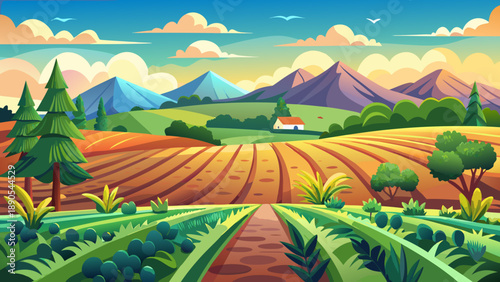 Very beautiful peaceful agricultural land with emerging crops under soft natural light, representing harmony between nature, farming, and rural life.