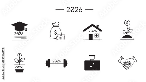 Collection of 2026 New Year Celebration Icons and Symbols in Line Art Style.