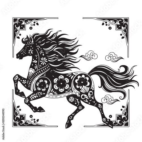 Intricate Black and White Illustration of a Mythical Horse with Decorative Patterns and Flowing Mane.