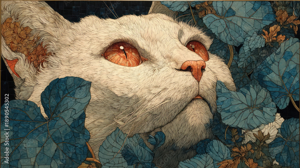 Obraz premium An artistic portrait of a white cat in a decorative style, created with a stained-glass effect and delicate graphic rendering of the fur 