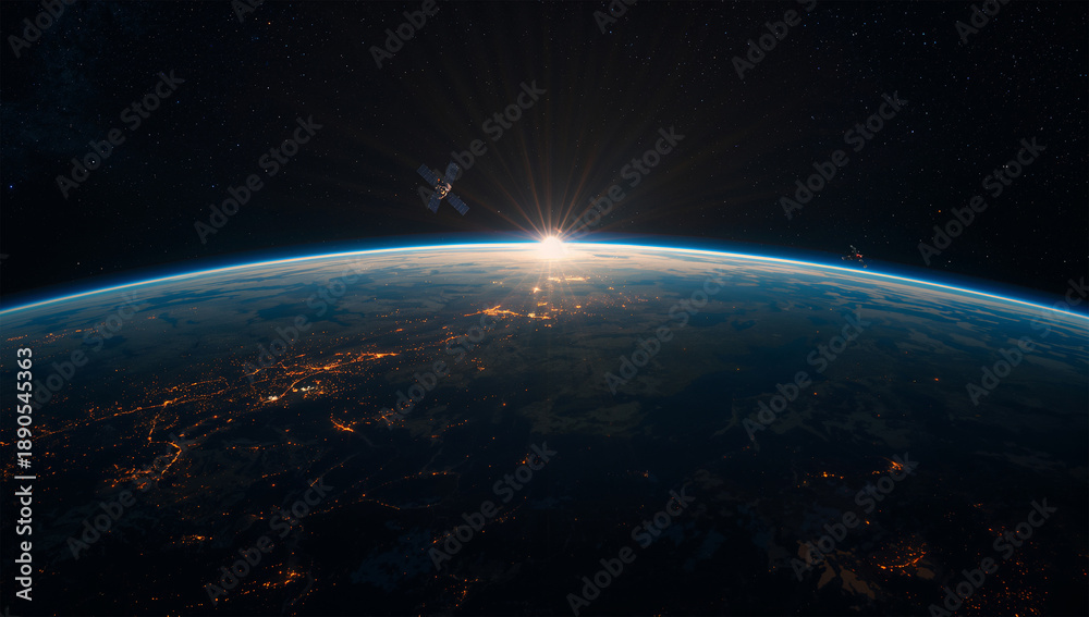 Obraz premium 地球の明暗境界付近で衛星群が夜明けの光を受け始める