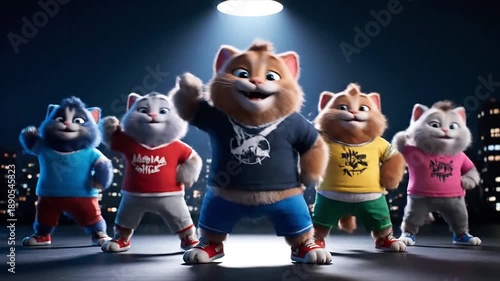 Five Cartoon cats in hiphop outfits dance under a city spotlight at night. Suitable for children's story, music events, and education. Illustration, animals, music, fun, colorful