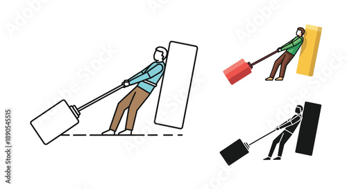 A struggling person pulling a heavy object against a barrier.