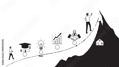 Illustration of Personal Growth and Success Journey with Climber and Progress Symbols.