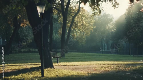 Wallpaper Mural Early morning sunlight filtering through autumn trees. Casting long shadows on the grass and pathway next to an empty park bench and old street lamp. Evoking a sense of calm and tranquility in nature Torontodigital.ca