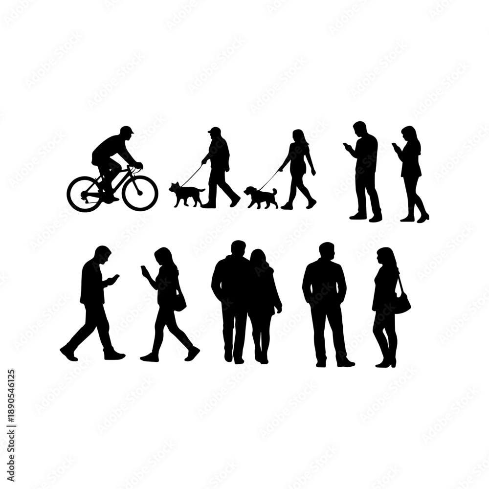 Obraz premium Black silhouettes of people walking, cycling, and standing set isolated on white background.
