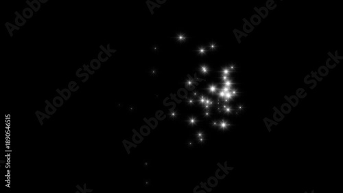 Glittering star dust trail sparkling particles, shining glitter star sparkle tine particles, white cartoon doodle stars, shiny glowing stars flat vector bokeh light particles on black screen. 4k video