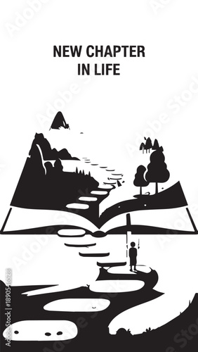 New Chapter In Life: An Open Book Framing Mountain River Landscape.