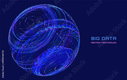 Abstract 3D sphere with color circles connecting lines for techno, science, AI and globe network data.