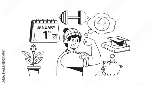Illustrated scene of a student studying, exercising, and growing plants with calendar and graduation cap.