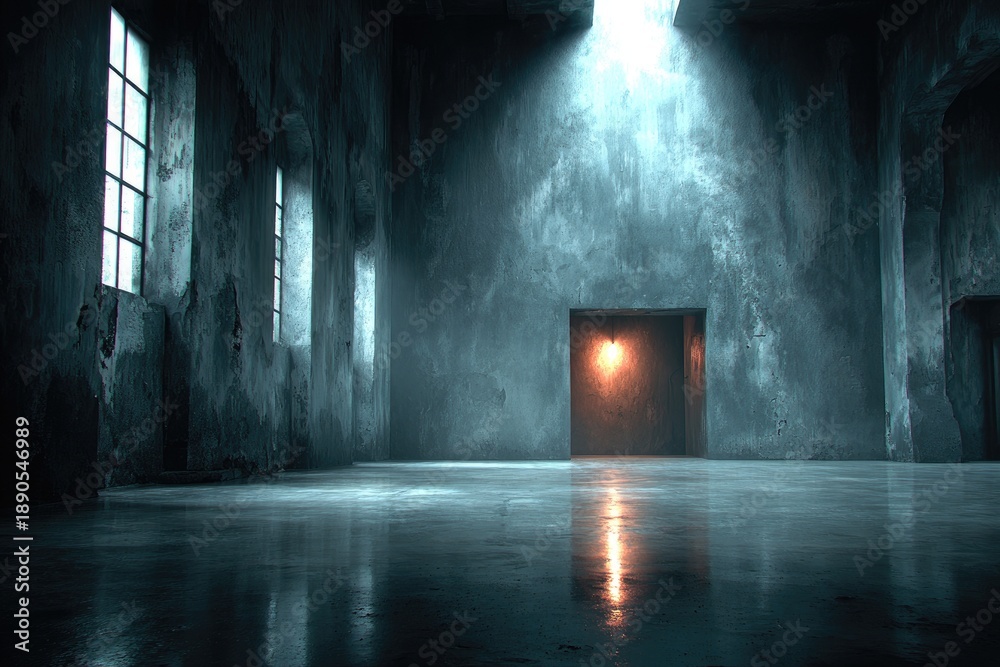 Obraz premium Moody Industrial Interior with Dramatic Lighting in Abandoned Warehouse