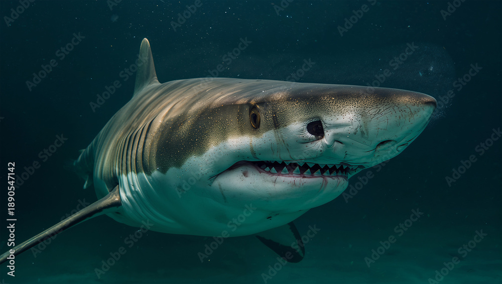 Fototapeta premium 縞模様をまとったイタチザメが闇から迫る重厚な一瞬