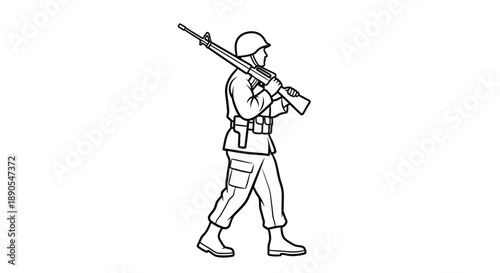 Illustration of a soldier carrying a rifle depicted in a simple line drawing style