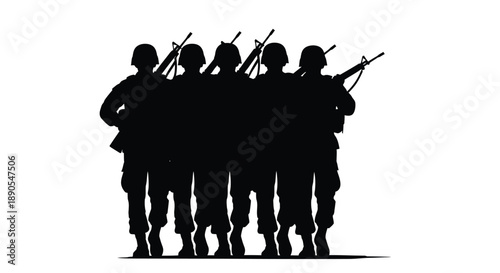 Silhouette of a group of soldiers standing together with rifles facing forward